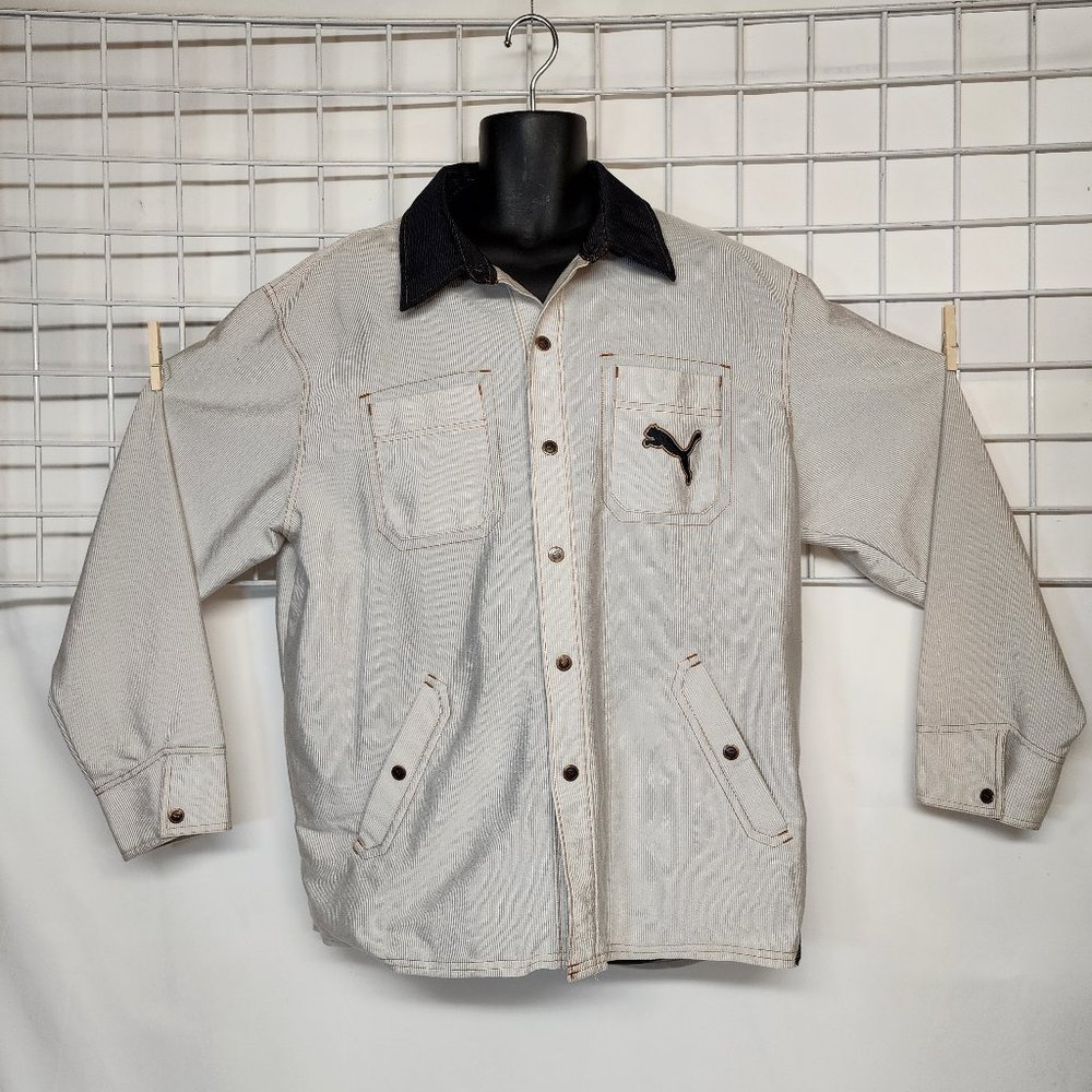 Mens XL Vintage Puma Jacket Button Up Corduroy 90s y2k white grey black